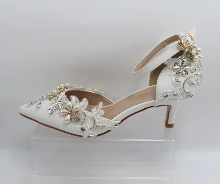 Braut Pumps Heel Hochzeitsschuhe mit Strass Perlen und Knöchelriemen