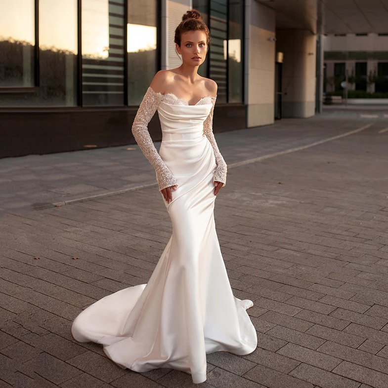 Schulterfreies Meerjungfrau Langarm Brautkleid Amke