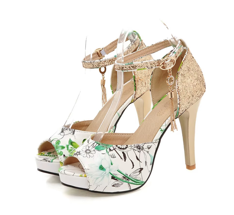 Glitzer High Heels Brautschuhe Charlotta mit Blumenmuster bis Gr 43