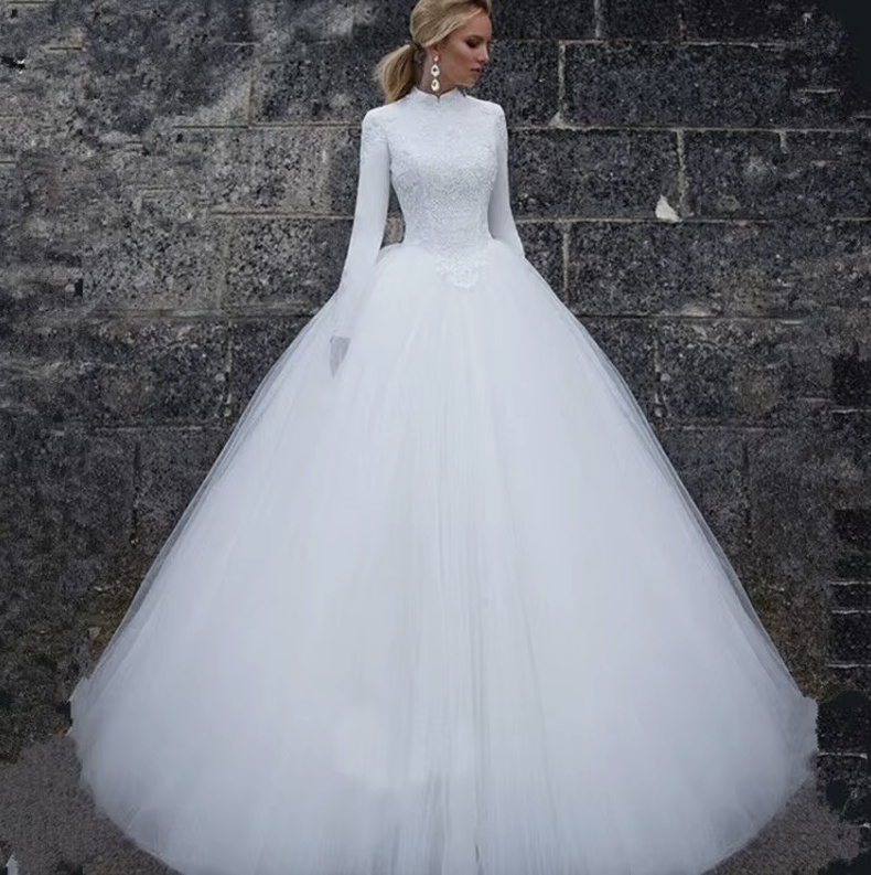 A Linie Langarm Brautkleid Christina Hochgeschlossen mit Spitze und Tüll