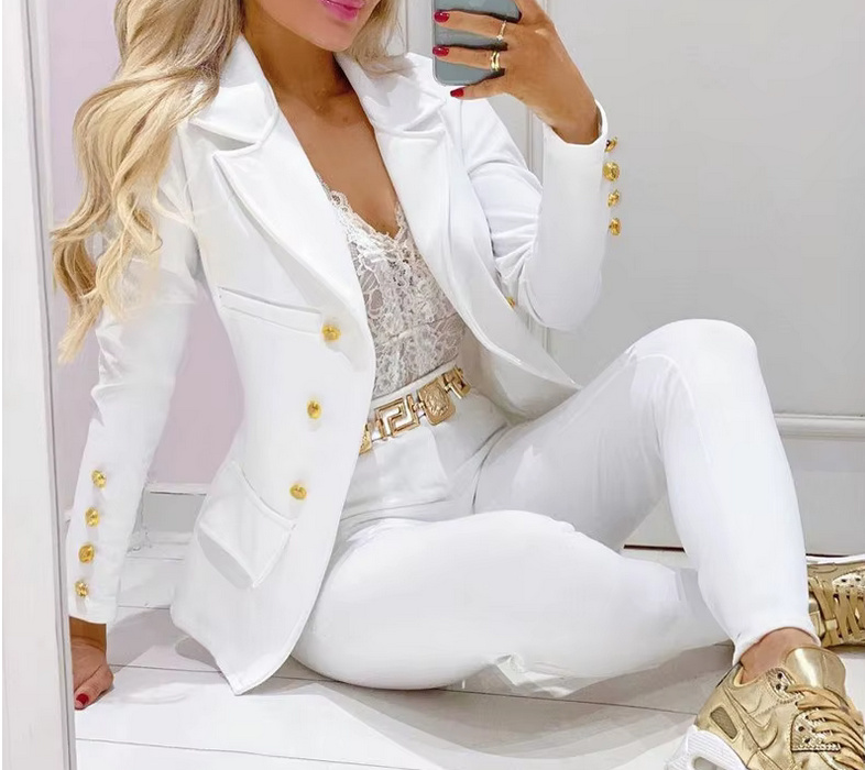 Eleganter Langarm Bodycon Hosenanzug Christine für die Braut mit Goldene Knöpfe