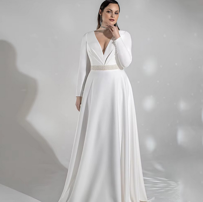 A Linie Langarm Brautkleid 2025 Schlicht mit V Ausschnitt