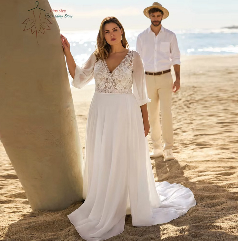  Langarm Chiffon Boho Brautkleid 2025 Doro mit Spitze Schleppe und Rückenausschnitt