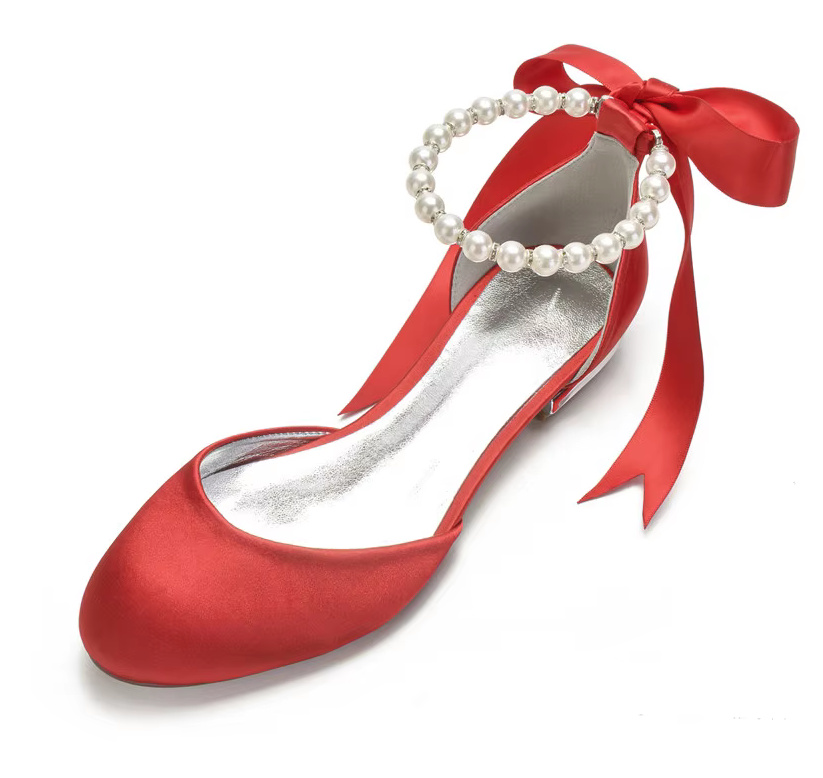 Flache Braut Ballerinas in Rot mit Perlen Knöchelriemen