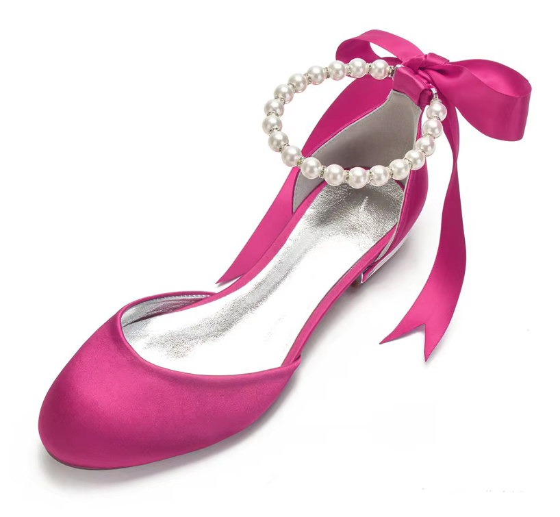 Flache Braut Ballerinas in Pink mit Perlen Knöchelriemen