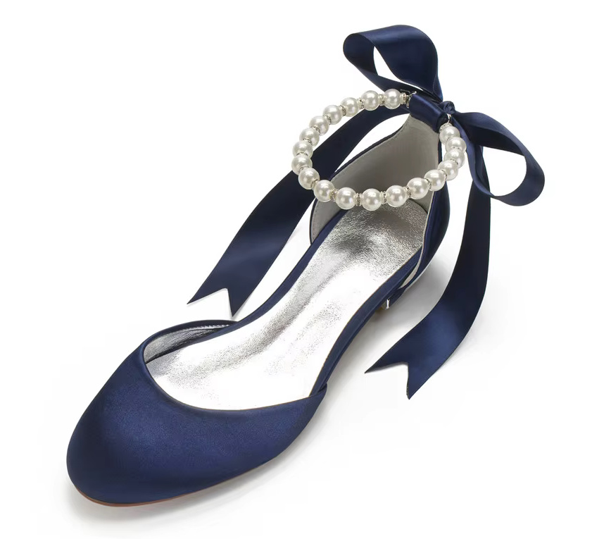 Flache Braut Ballerinas in Marineblau mit Perlen Knöchelriemen