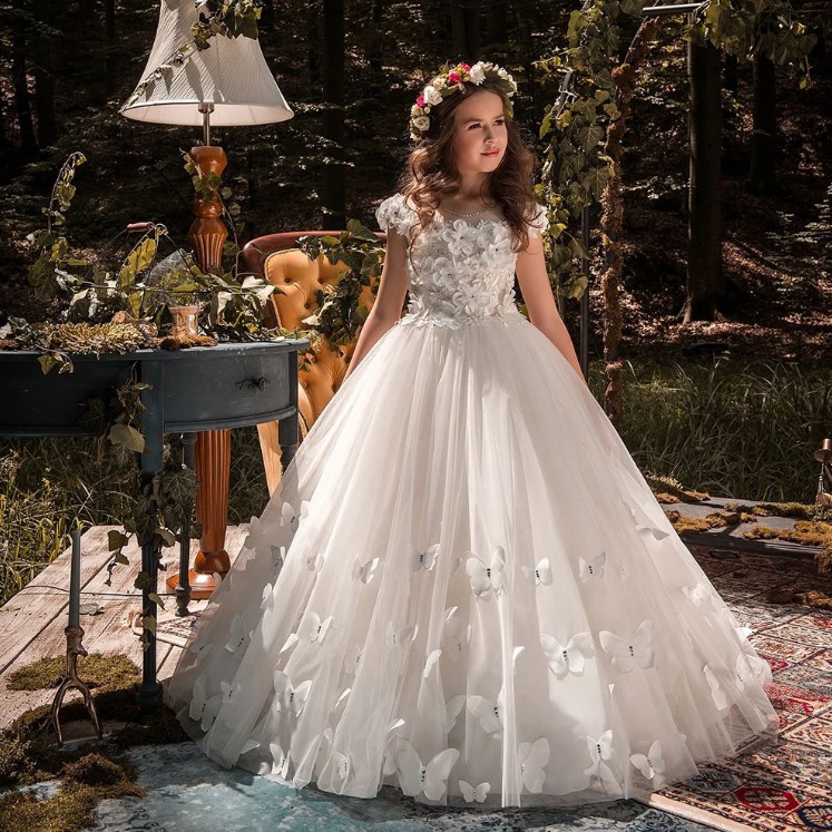 A Linie Blumenmädchen Kleid Dalia in Weiß mit Schmetterlinge